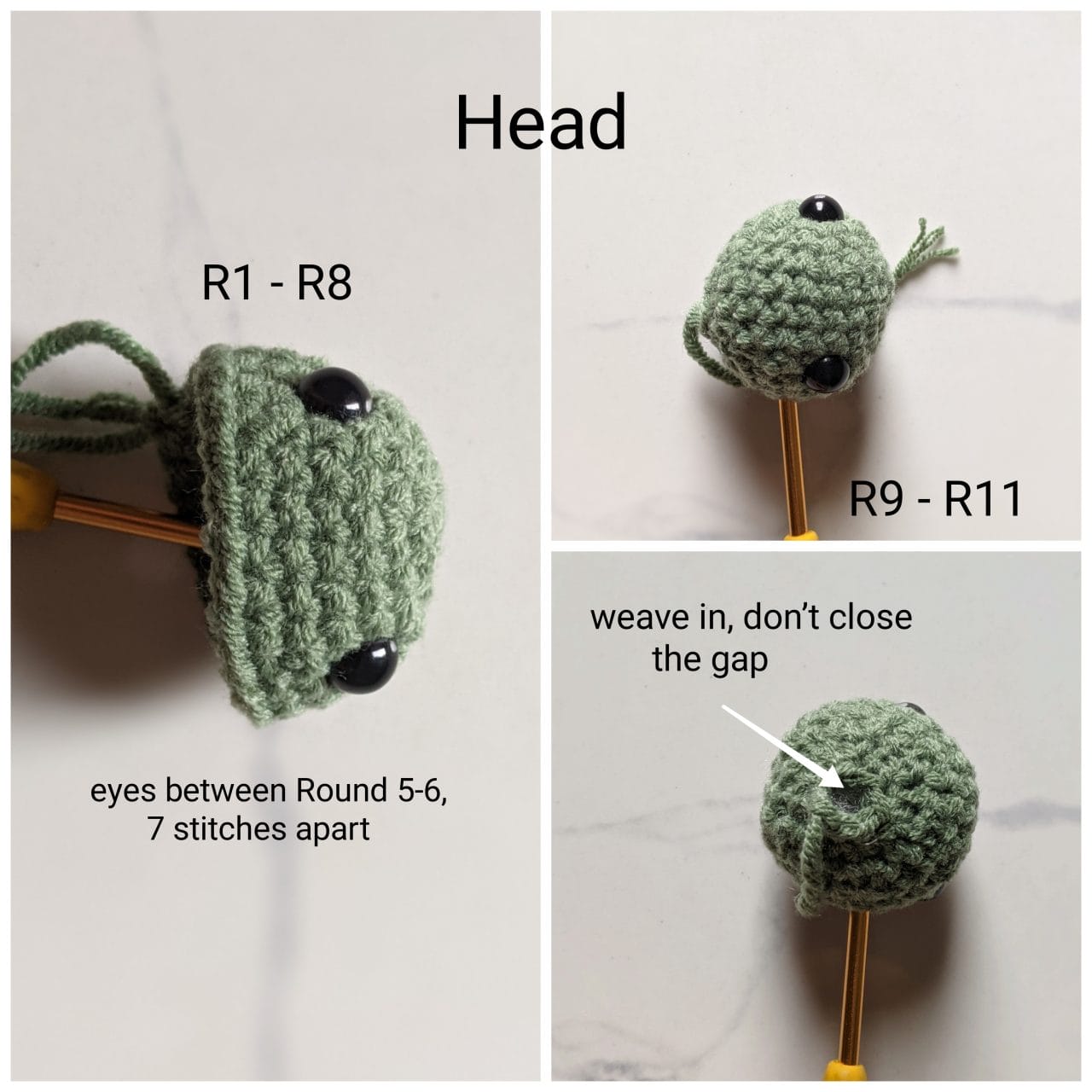Light green crocheted turtle head with black safety eyes inserted