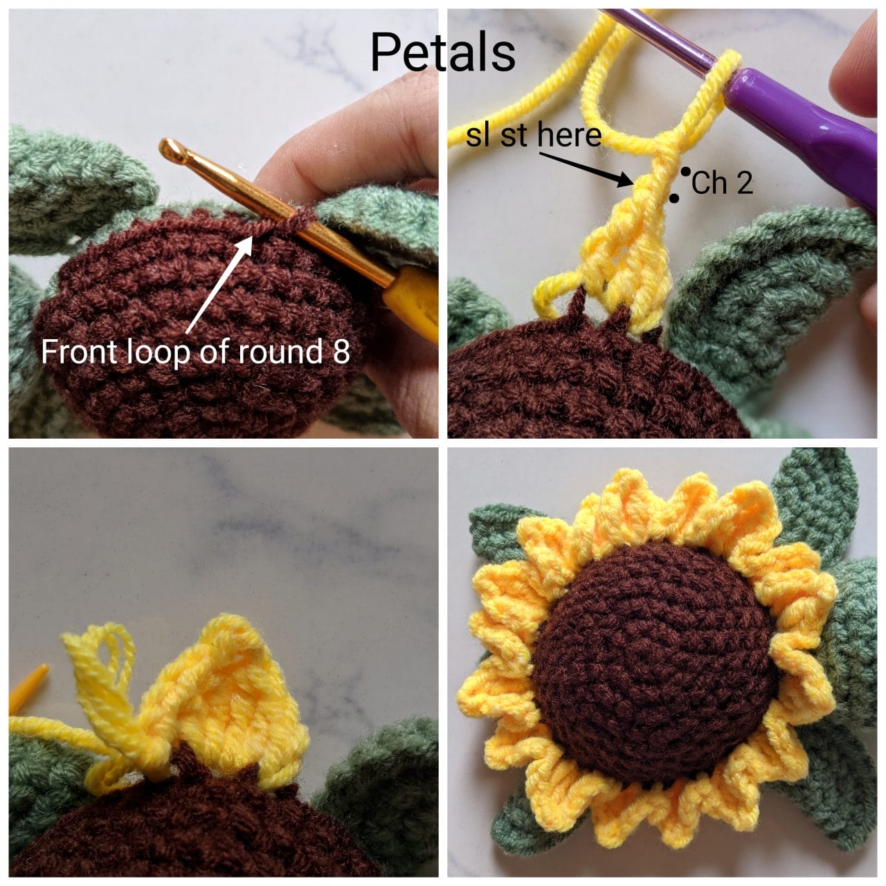 Yellow sunflower petals worked into the front loops around the brown shell
