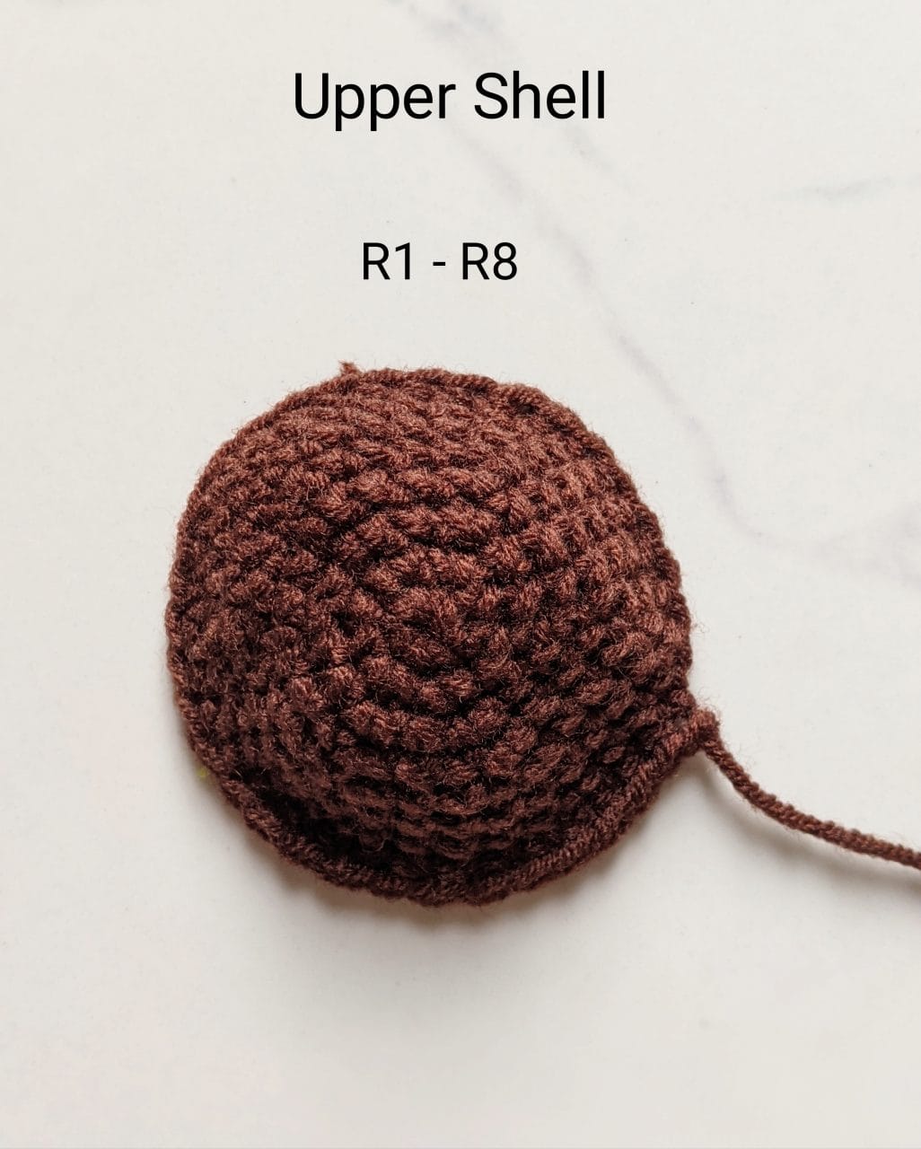 Brown crocheted dome forming the upper shell of the sunflower turtle