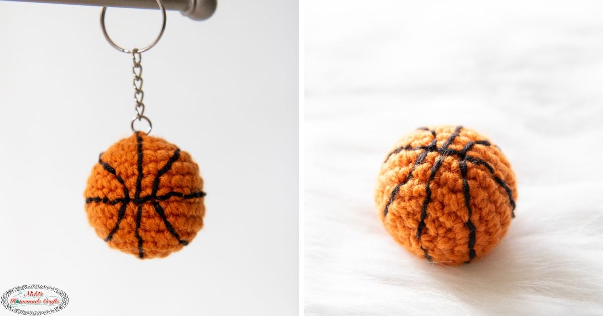 A small orange crochet basketball keychain with black embroidered lines, by Nicki's Homemade Crafts