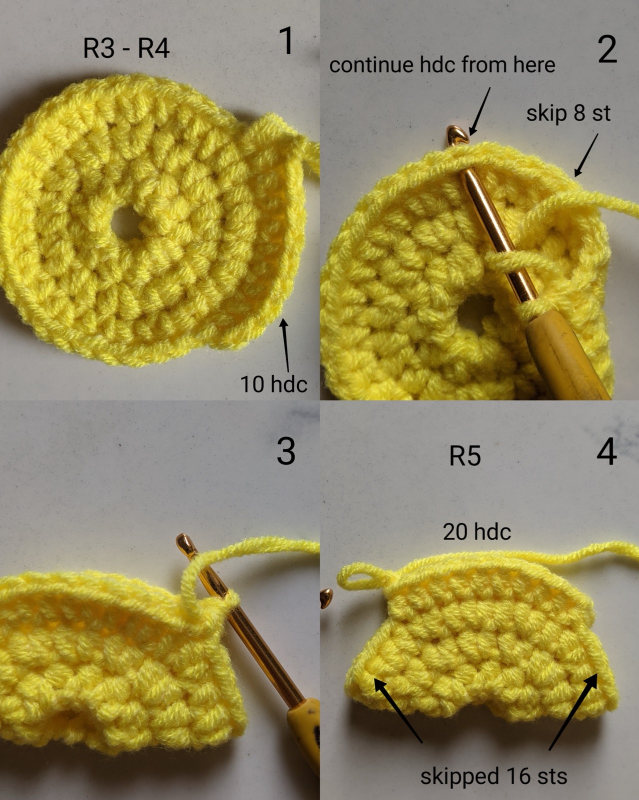 Four step photos showing the flat yellow yoke, the hook skipping eight stitches to form an armhole, and the resulting body with two notches cut into it