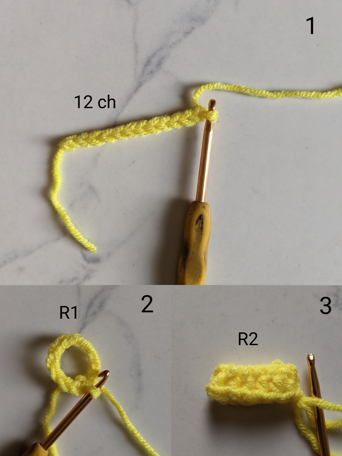 Three step photos showing a chain of twelve yellow stitches, the chain joined into a ring, and the first round of twelve half double crochet worked around it