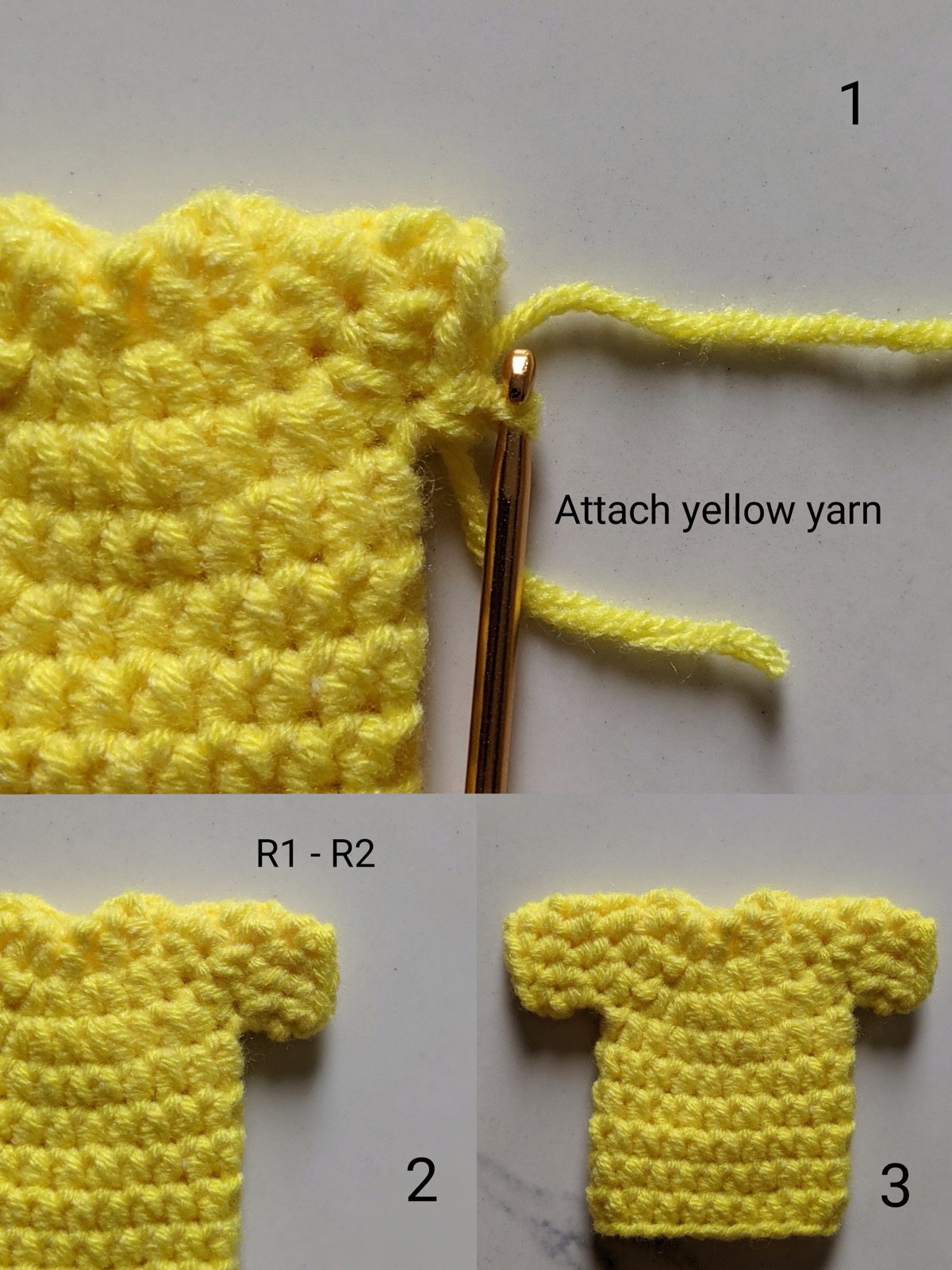 Step photos showing yellow yarn being attached at an arm opening, the first sleeve worked, and the jersey with both sleeves finished