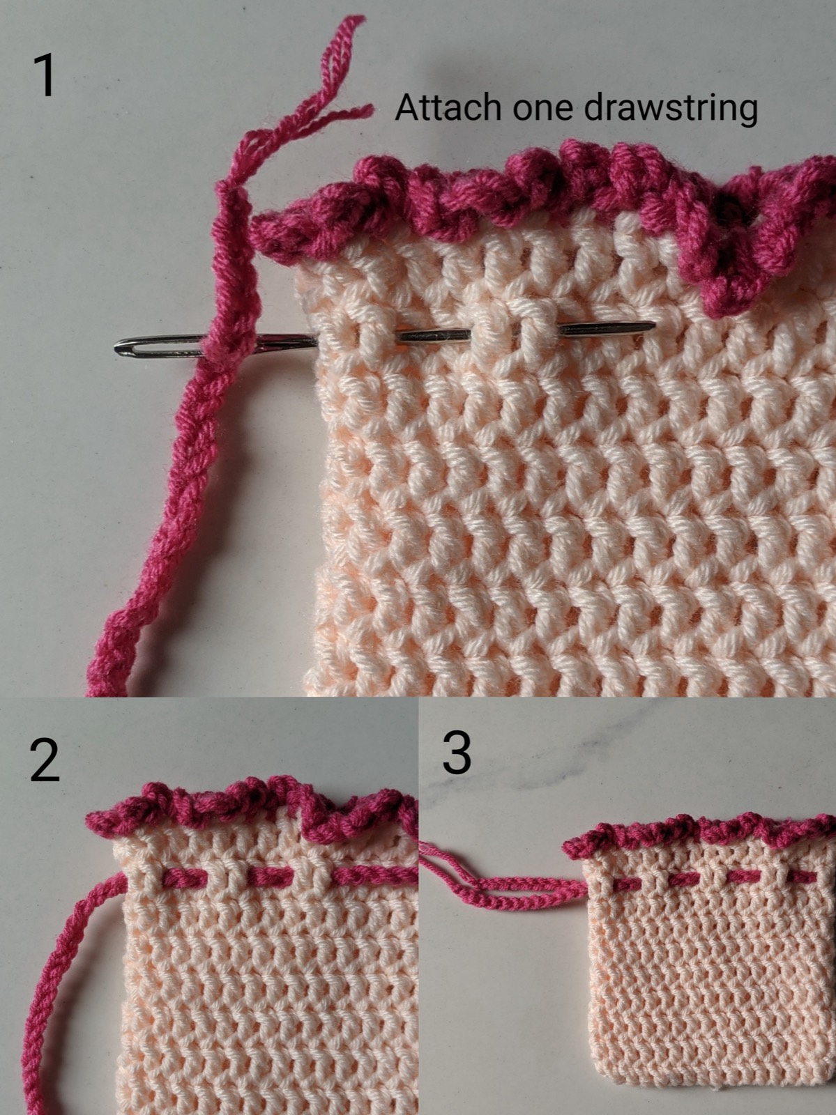 Three step photos showing the first drawstring being woven through round 9 of the crochet pouch with a yarn needle, over two stitches and under two