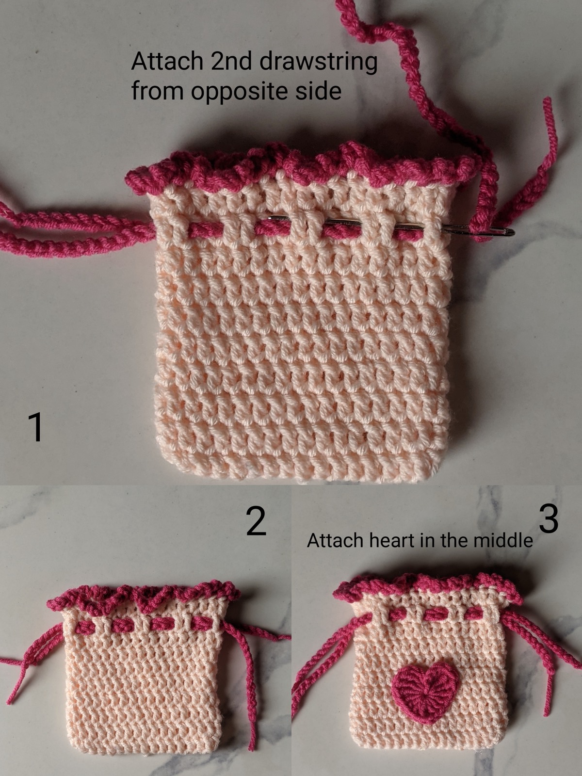 Three step photos showing the second drawstring woven in from the opposite side and the crochet heart attached to the centre of the pouch front
