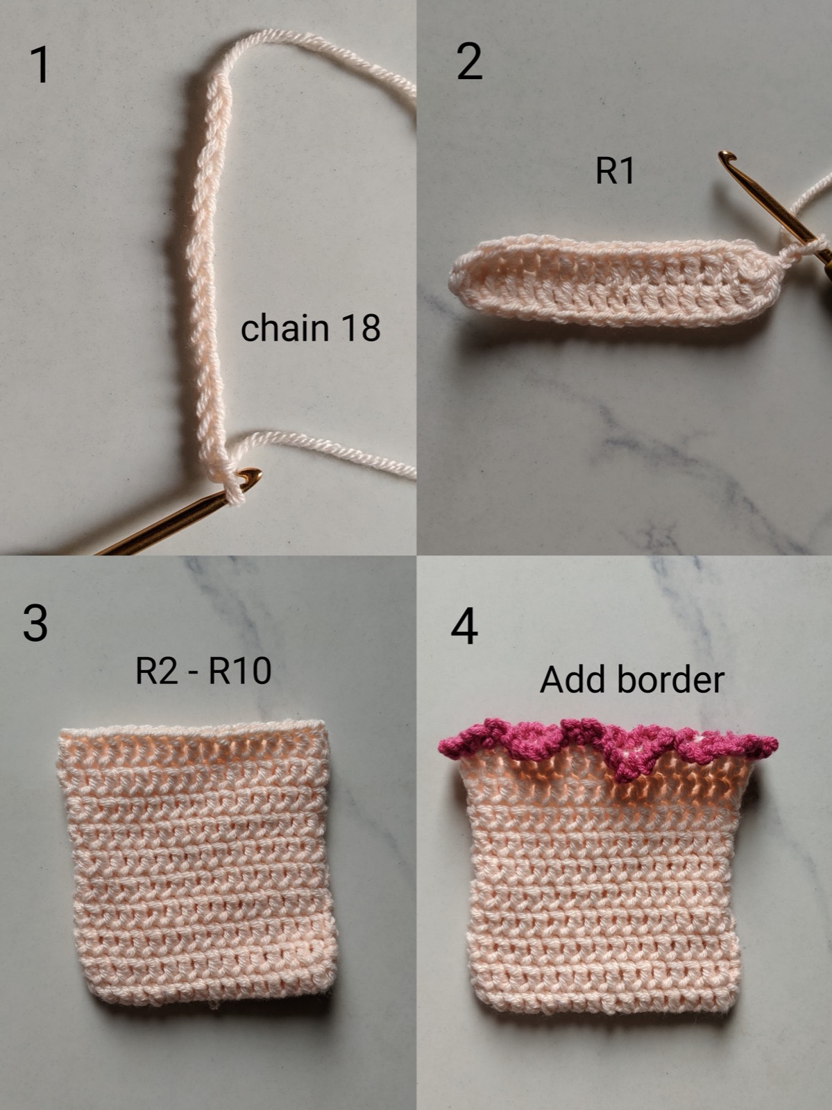 Four step photos of the crochet pouch body: a chain of 18, round 1 worked along both sides of the chain, rounds 2 to 10 forming the tube, and the dark pink picot border added