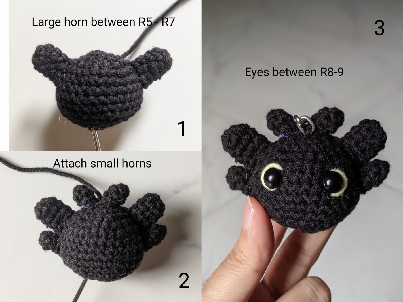 Three step photos showing the large head fins sewn to the sides of the black dragon head, the small fins added on top, and the finished face with yellow embroidered eye rims