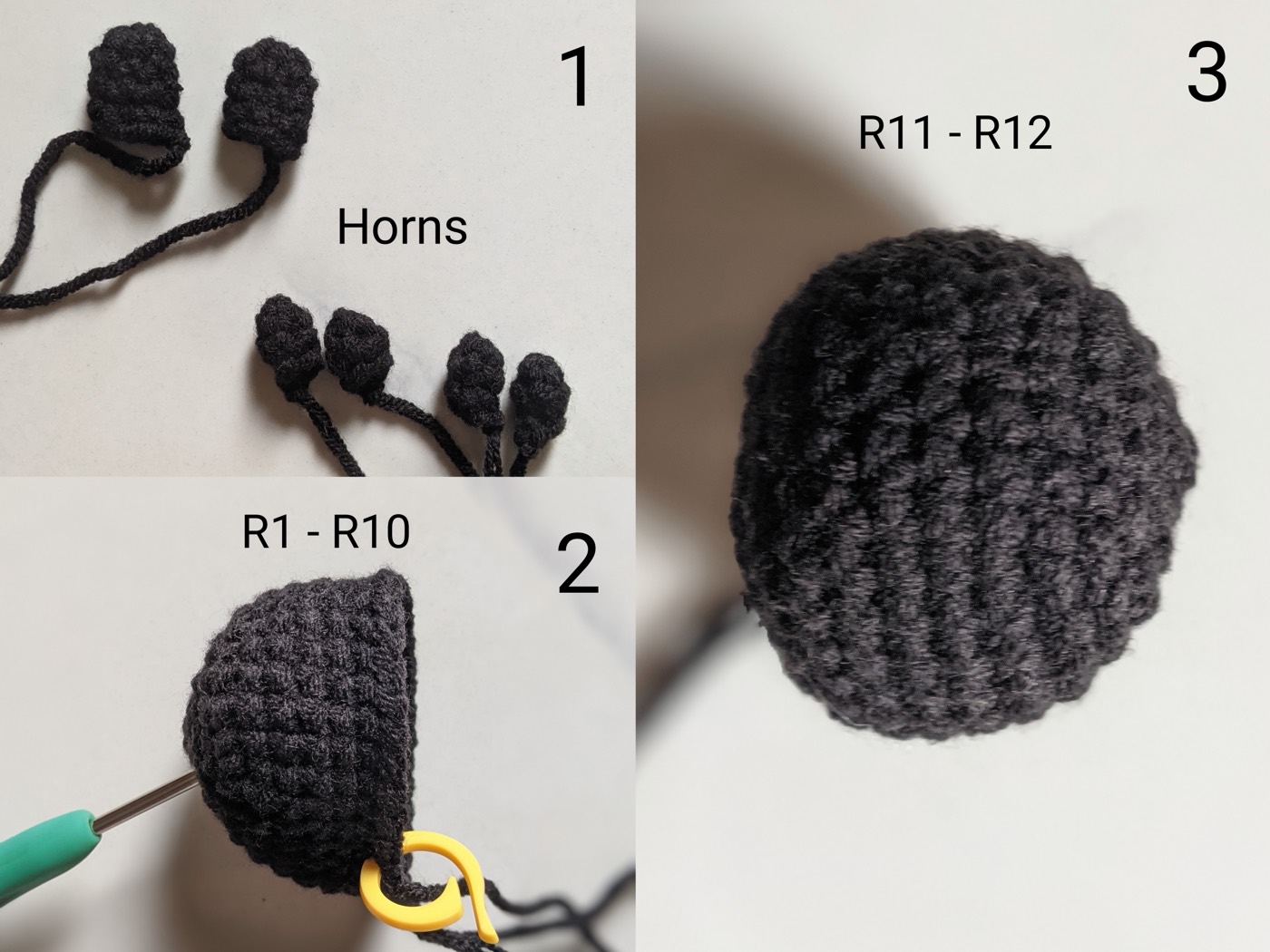 Three step photos showing the small black crochet head fins laid out, the head in progress on the hook with a stitch marker, and the finished stuffed black sphere