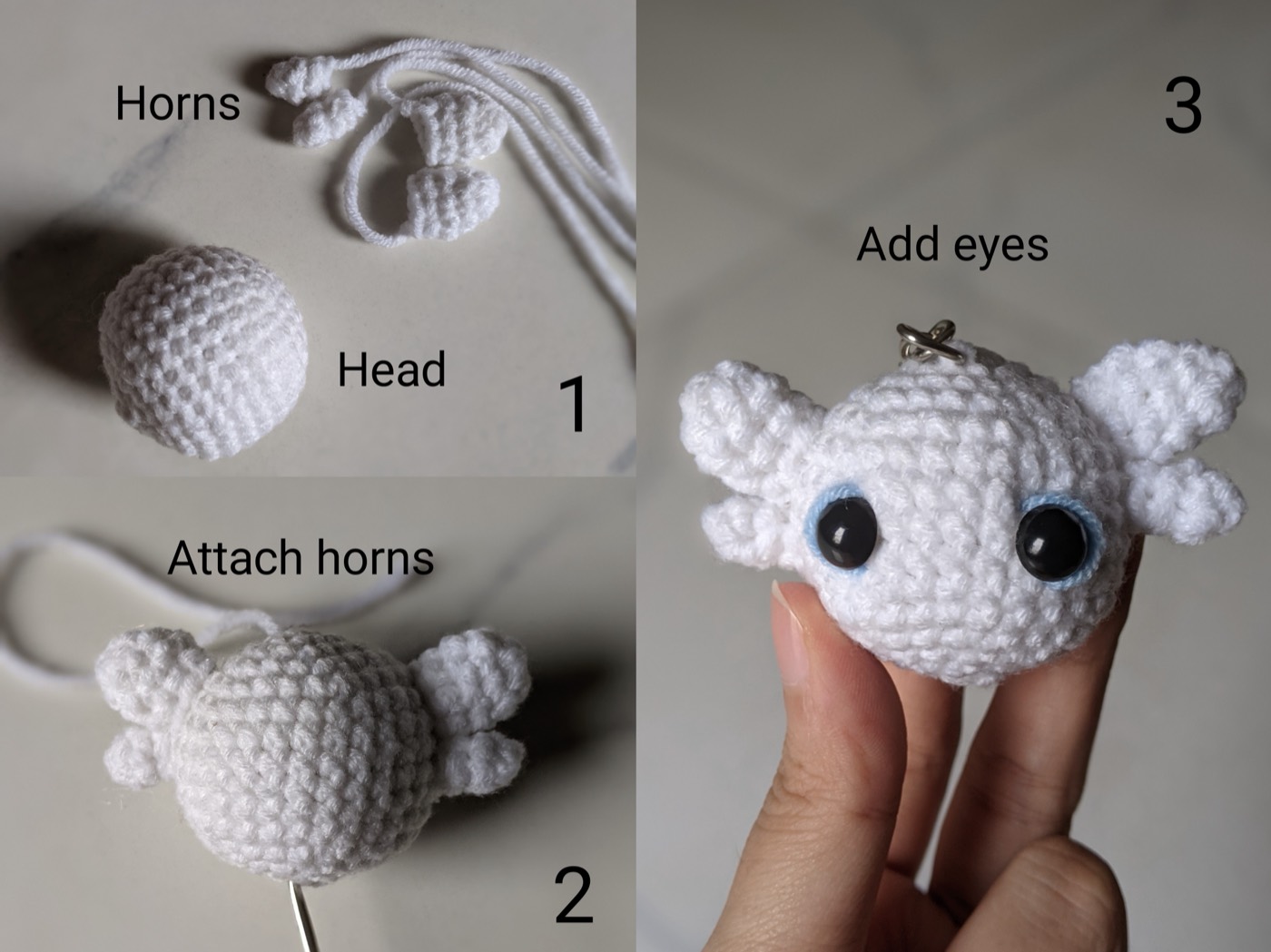 Three step photos showing the white crochet dragon head, its four white head fins being attached, and the finished white dragon with light blue embroidered eye rims