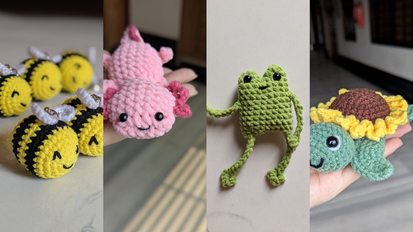 Four crochet amigurumi made from free patterns: yellow and black bumble bees, a pink axolotl, a green leggy frog, and a sunflower turtle held in a hand