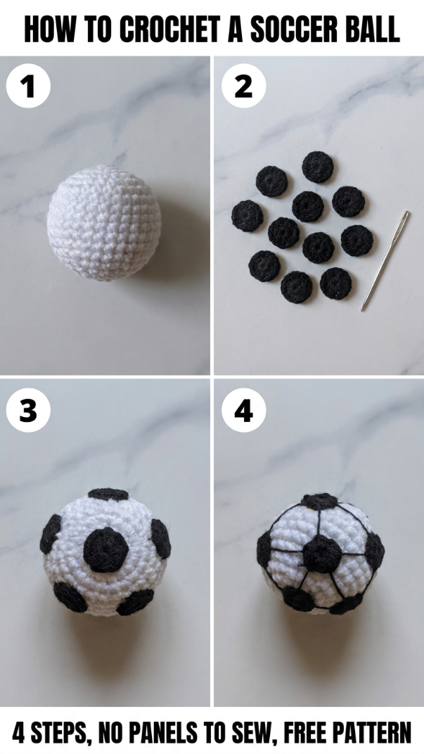 A small white and black crochet soccer ball keychain on a silver split ring