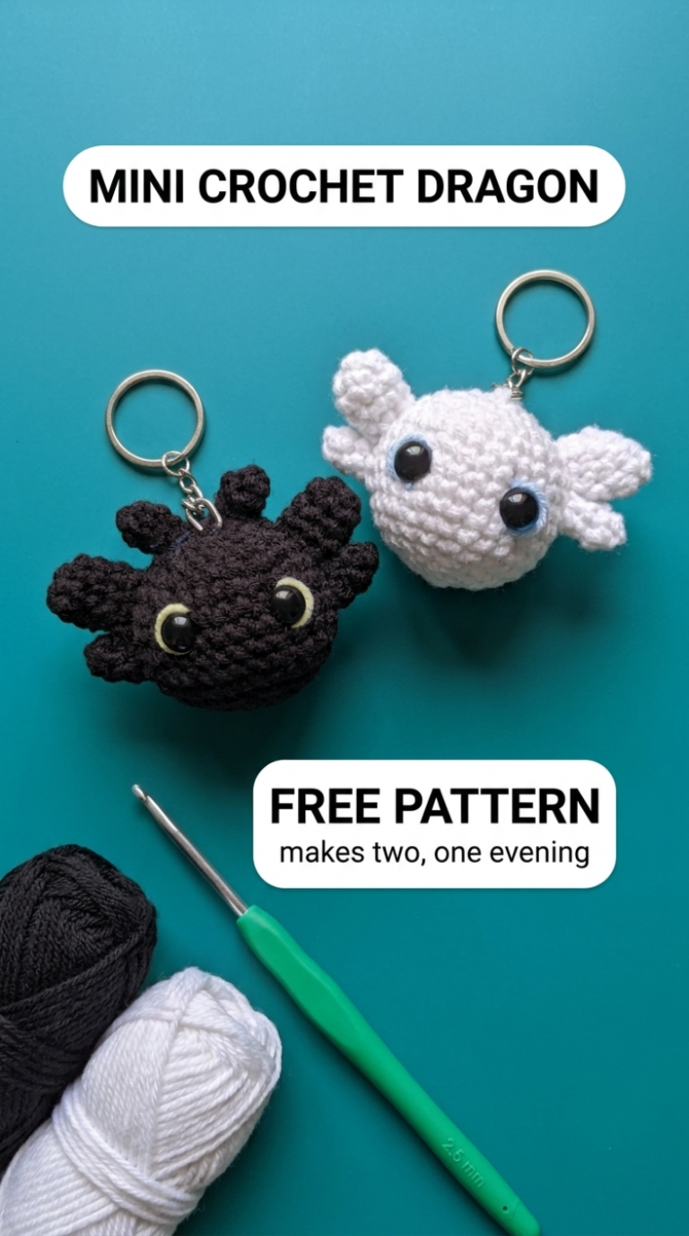 Black and white mini crochet dragon keychains with yarn and a 2.5 mm hook