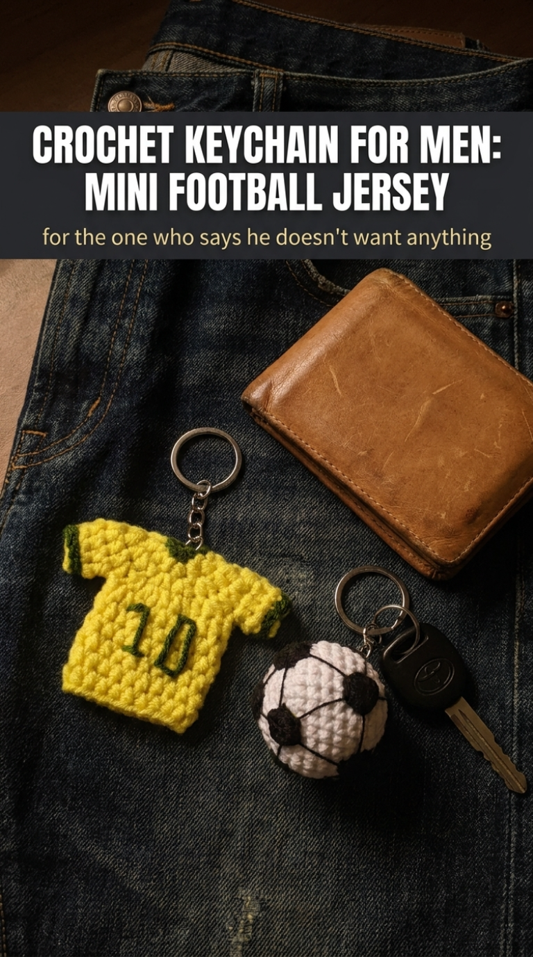 A small yellow crochet Brazil jersey keychain with green trim and an embroidered number 10, laid flat on a marble counter
