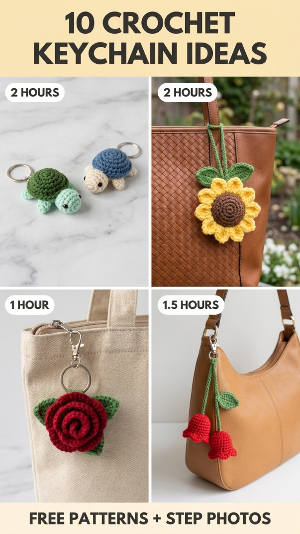 Four panel collage of crochet keychains: two tiny turtles on keyrings, a sunflower charm on a tote, a red rose charm on a canvas bag, and a blue bow charm on a tote zipper