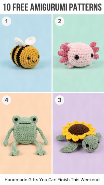 Four crochet amigurumi made from free patterns: yellow and black bumble bees, a pink axolotl, a green leggy frog, and a sunflower turtle held in a hand