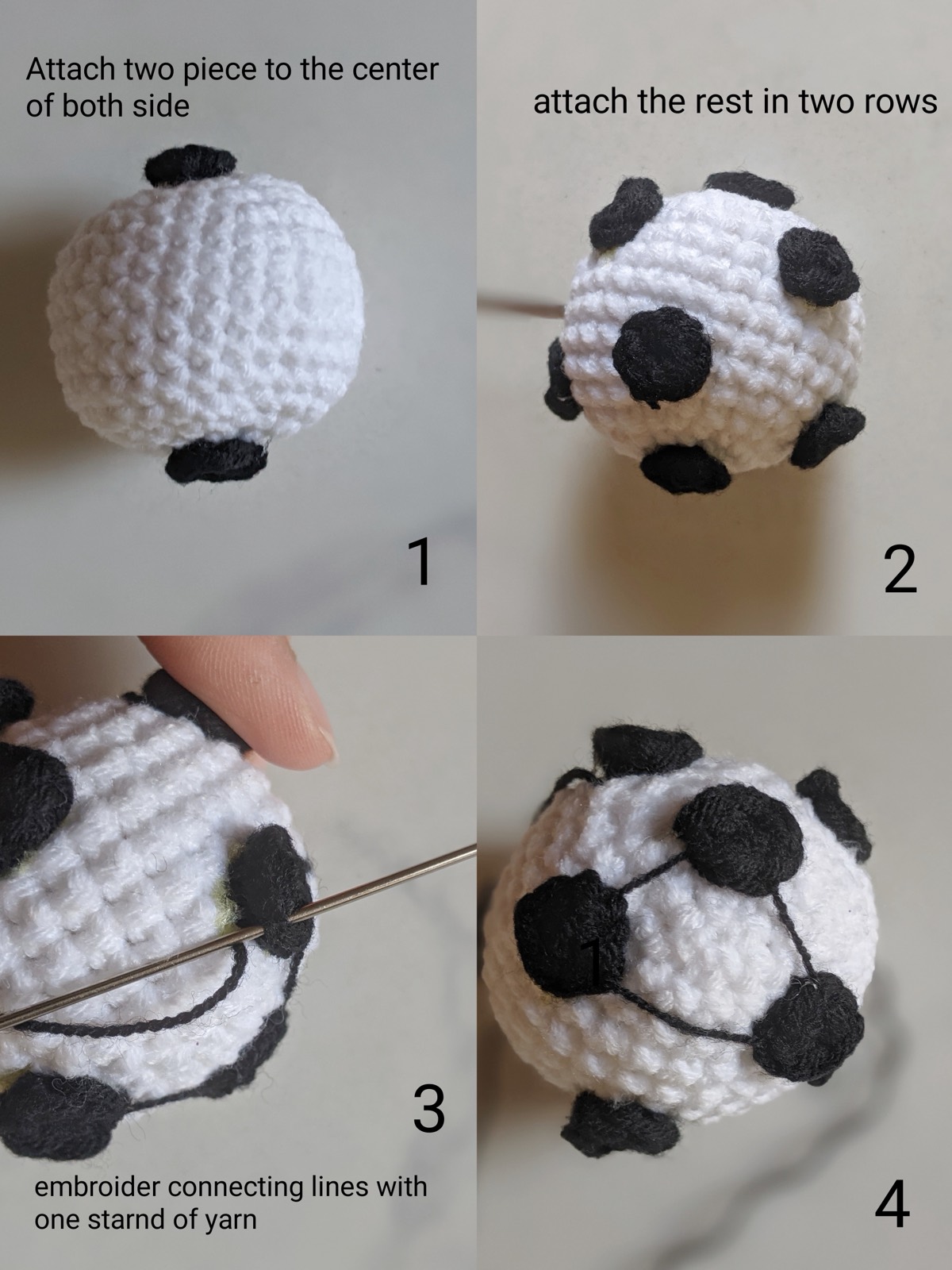 Four step photos showing black spots being placed on the white crochet ball, first two at the poles, then the remaining eight in two rows, then the connecting lines being embroidered