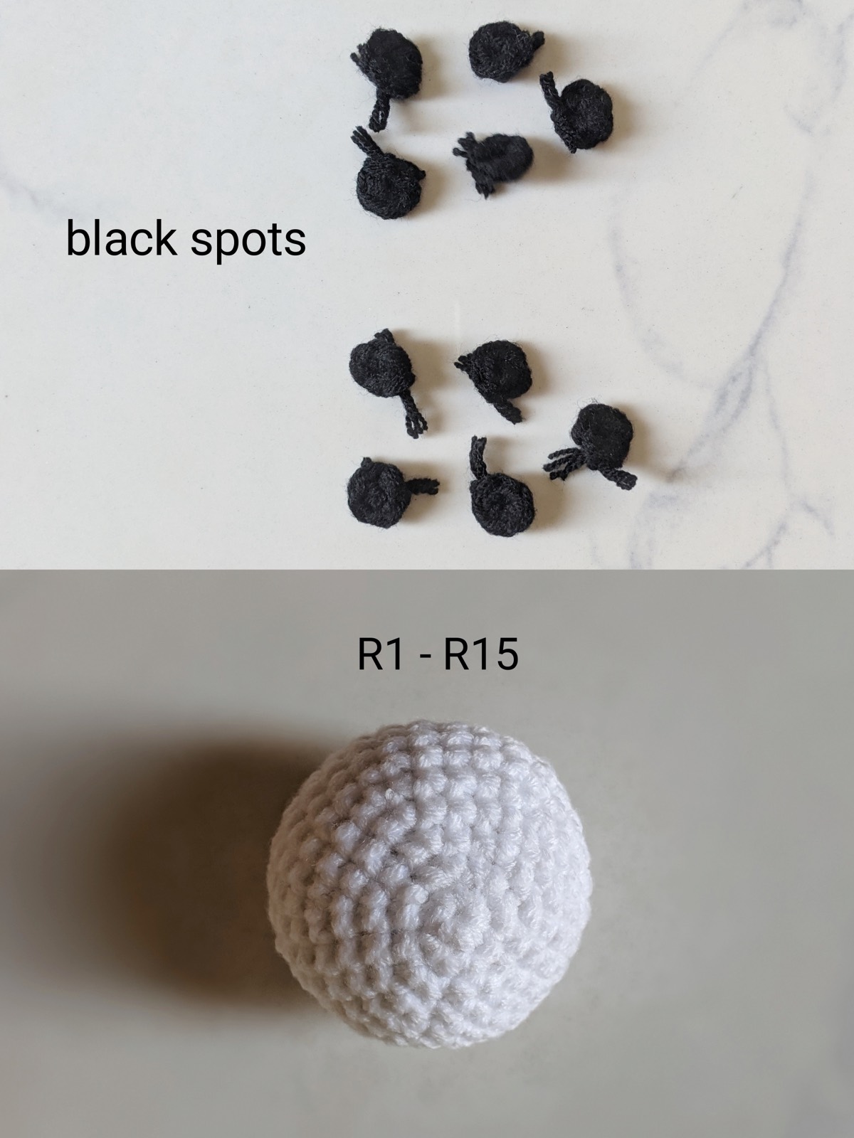 Ten small black crochet circles laid out on a counter above the finished plain white crochet ball