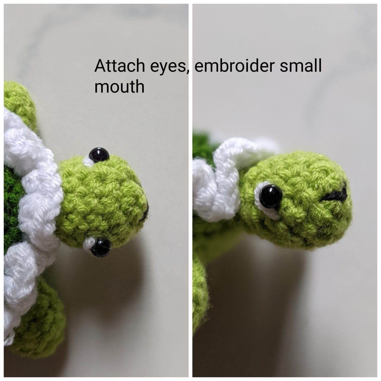 Crochet tortoise with safety eyes, embroidered smile, white eye highlights and white dots on the shell