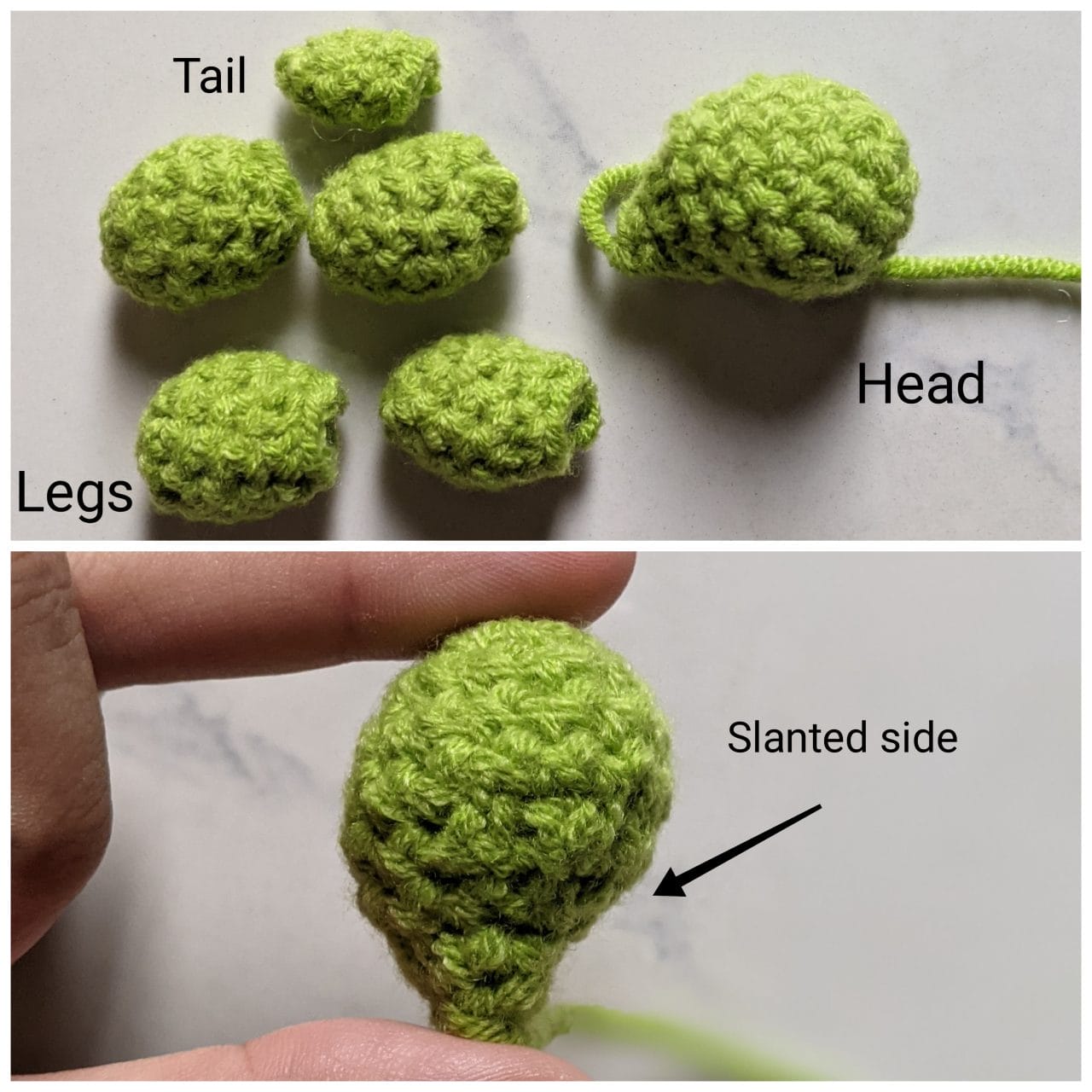 Crocheted light green tortoise head, four legs and a small tail laid out before joining
