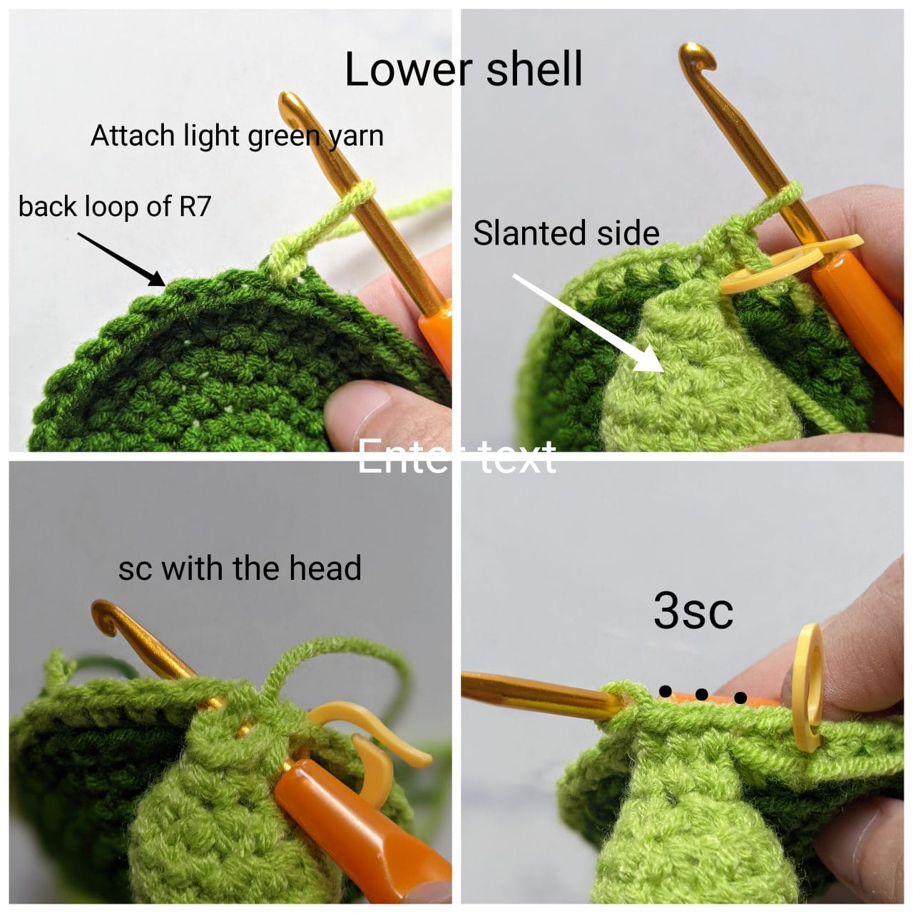 Light green yarn joined to the back loops of the dark green upper shell to start the lower shell