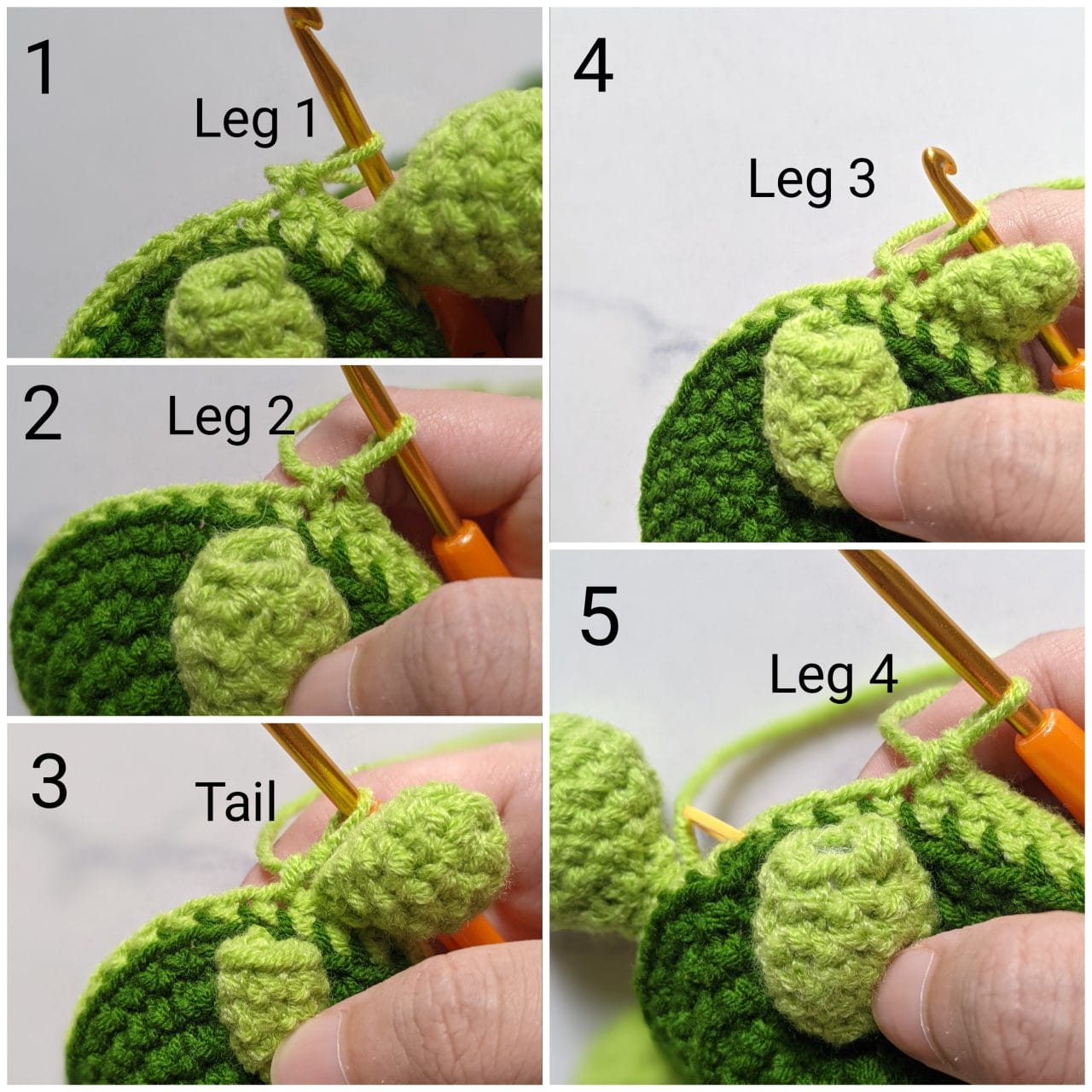Crocheting through the tortoise head and the shell stitch together to join the head while working the lower shell