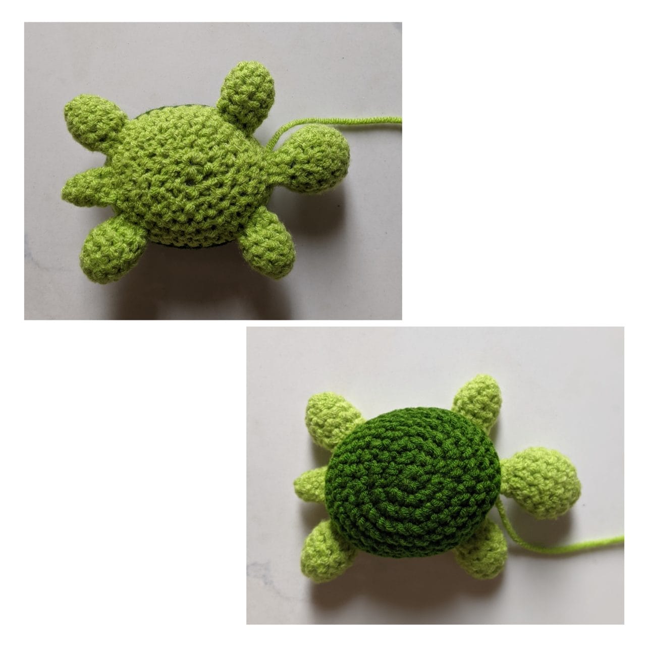 Crochet tortoise body with head, four legs and tail all joined around the shell