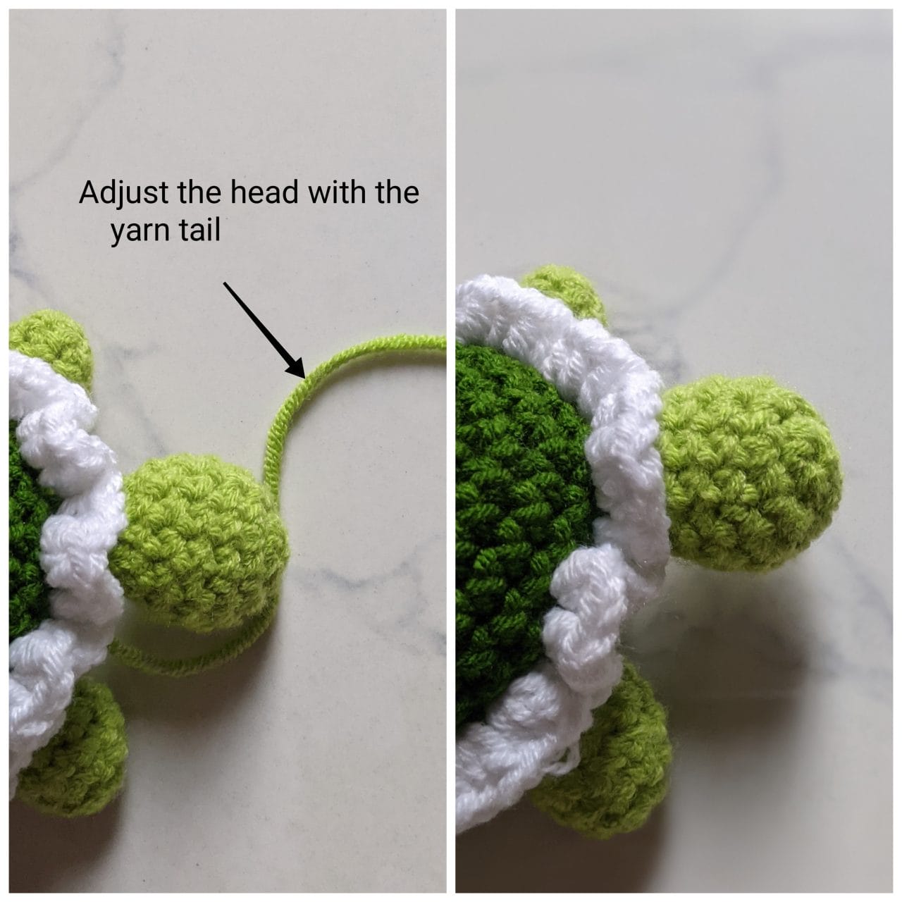 White half double crochet ruffle worked partway around the crochet tortoise shell