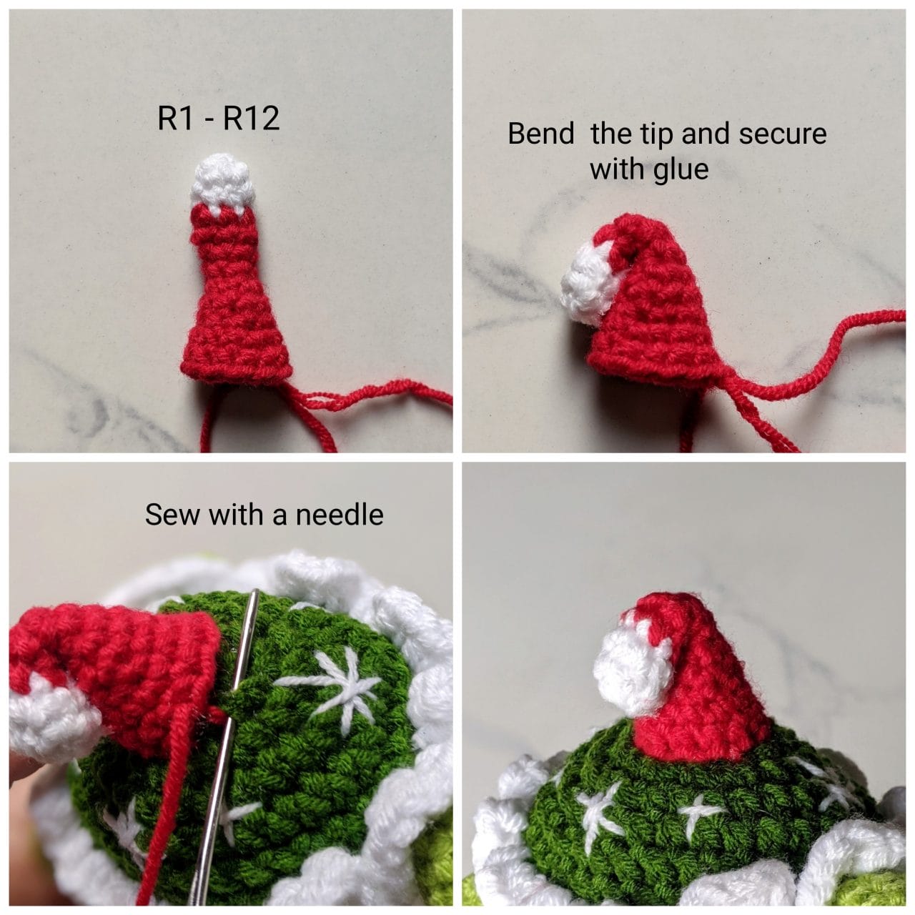 Small crocheted red Santa hat with a white tip, made for the crochet tortoise