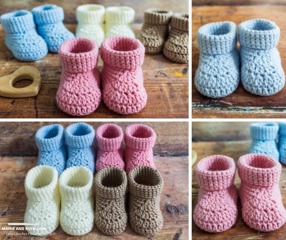 A pair of small crochet baby booties in soft yarn with a folded cuff, designed by Maisie and Ruth