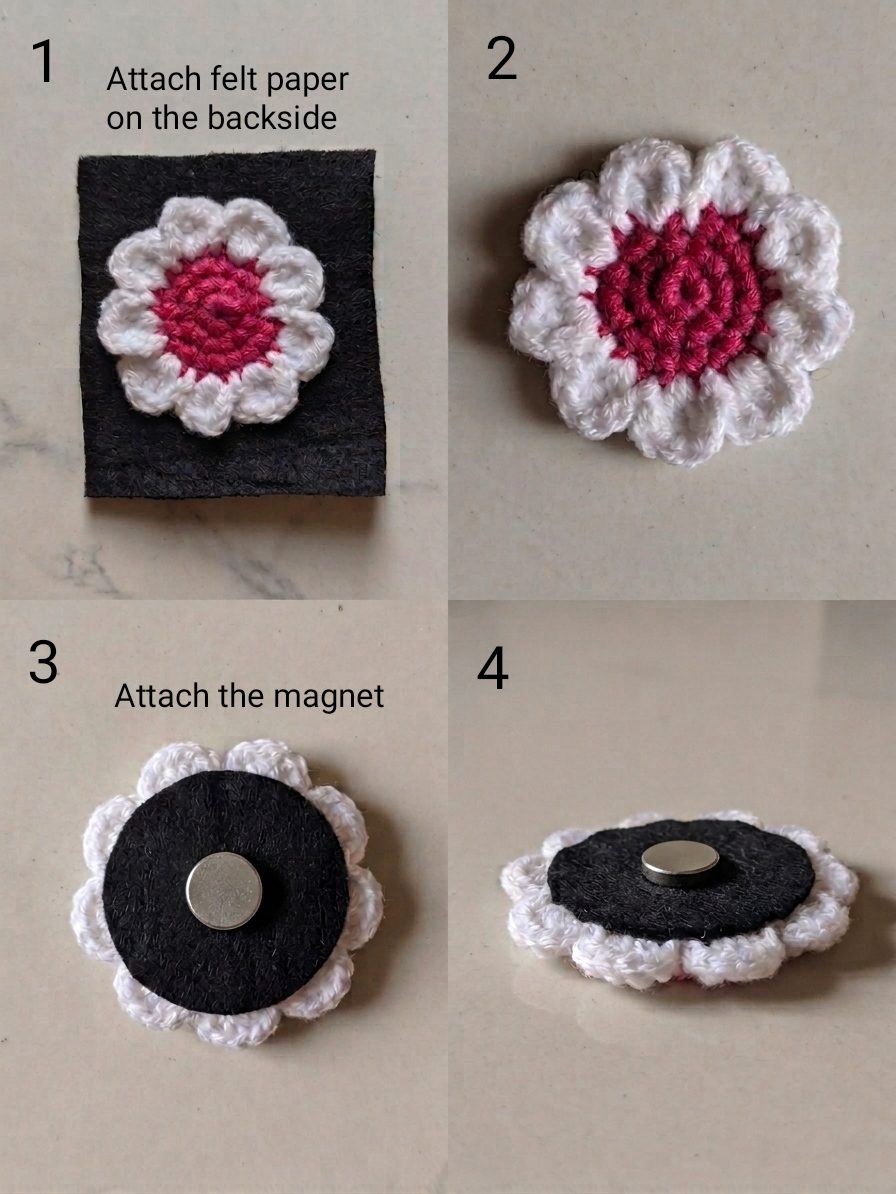 Four step photos showing the crochet daisy backed with black felt, trimmed, and a small silver disc magnet glued to the center of the felt