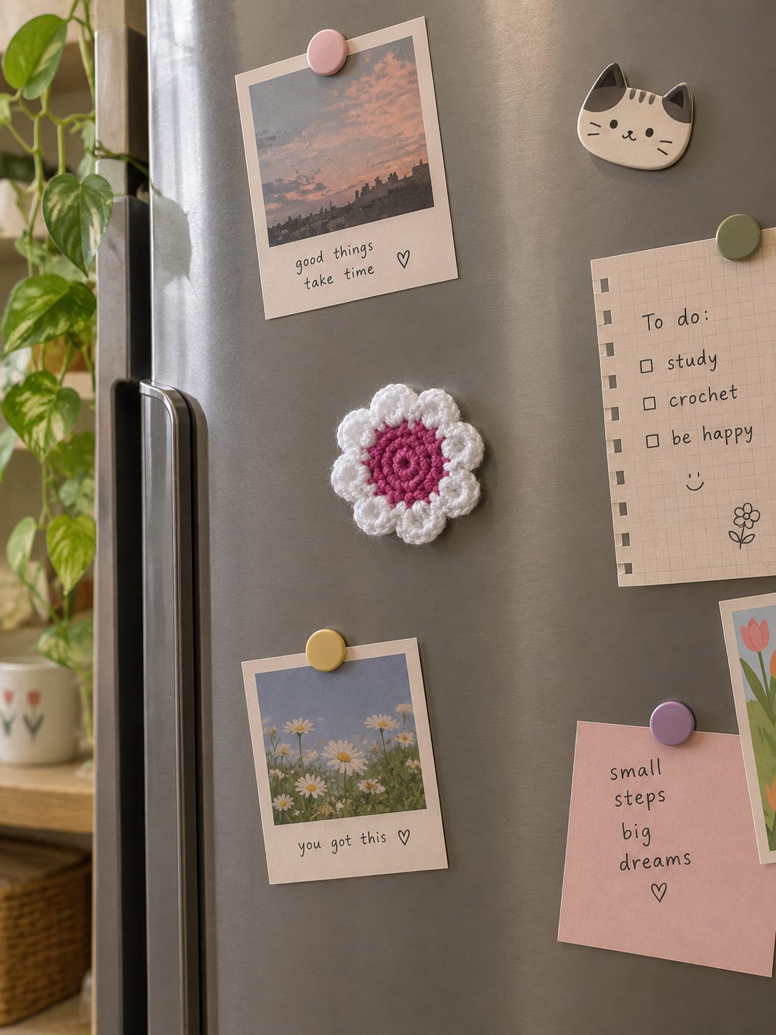 Crochet daisy magnet on a stainless steel fridge surrounded by photo prints and handwritten notes