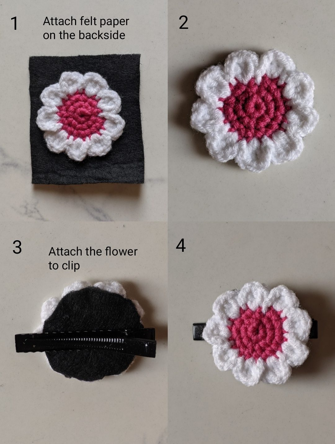 Four step photos showing the crochet daisy glued onto black felt, trimmed, glued to an alligator hair clip from the back, and finished from the front