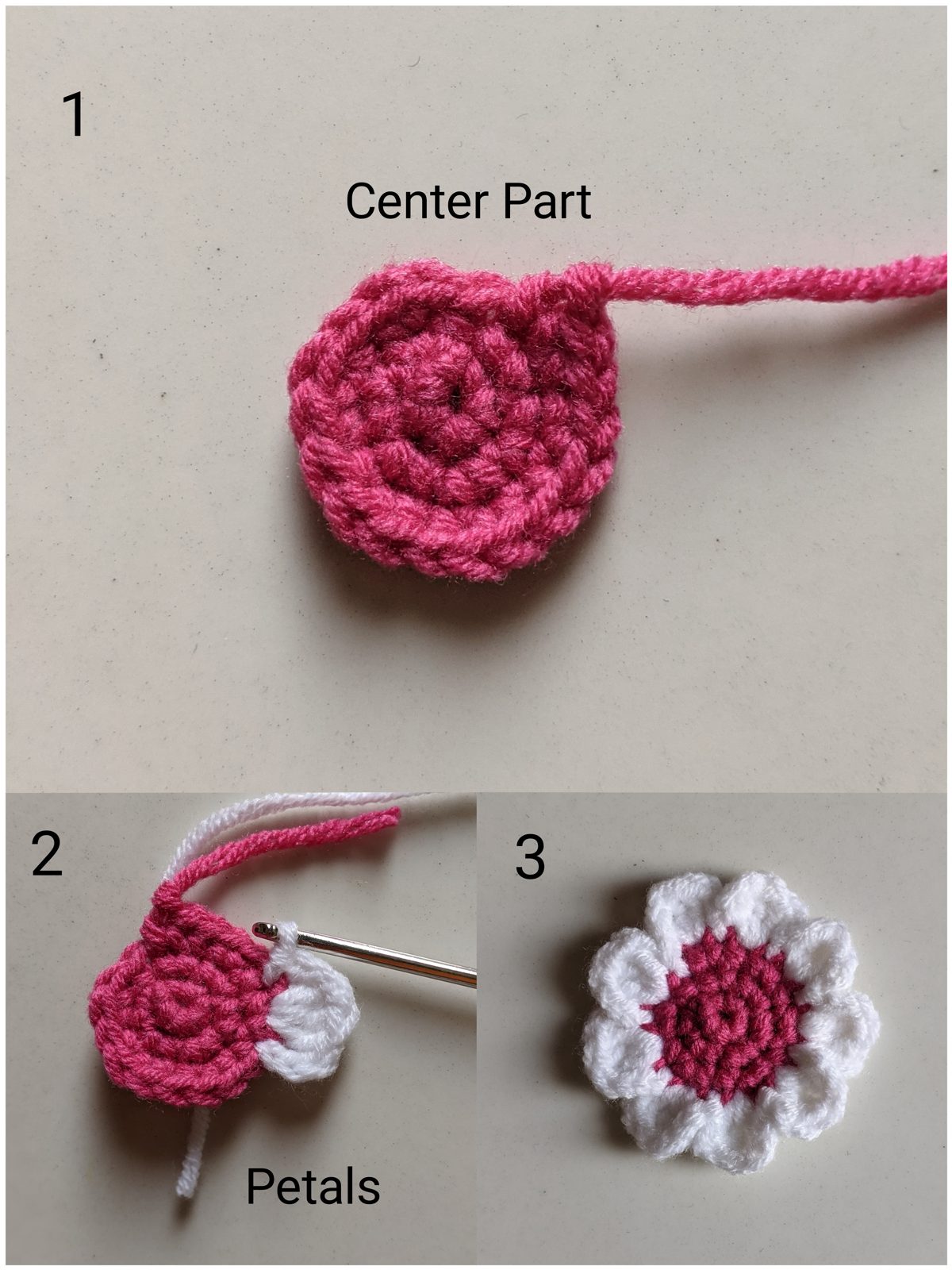 Three step photos of the crochet daisy: the finished pink center circle, white yarn being worked into the first petal, and the finished daisy with nine white petals