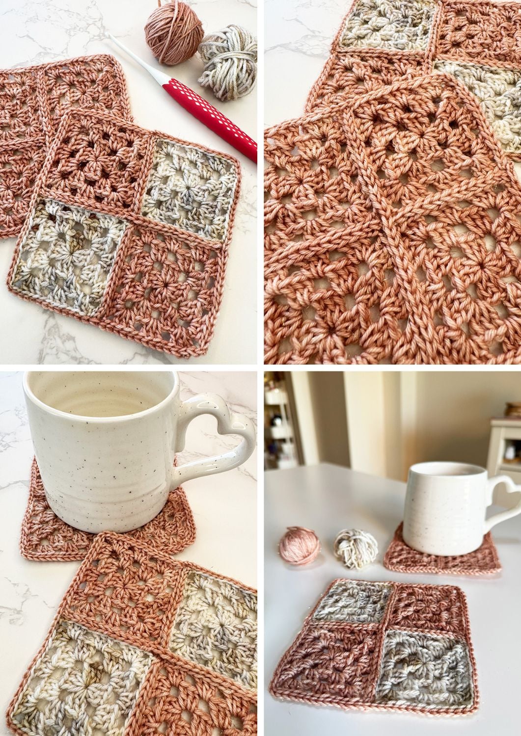 Crocheted granny square coasters in dusty pink, cream and grey, made from four small squares joined into a block, shown flat and under a white mug