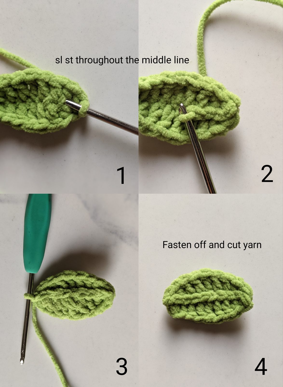 Four step photos of slip stitching a line down the middle of a lime green crochet leaf to make a center vein, then the finished leaf with the vein showing