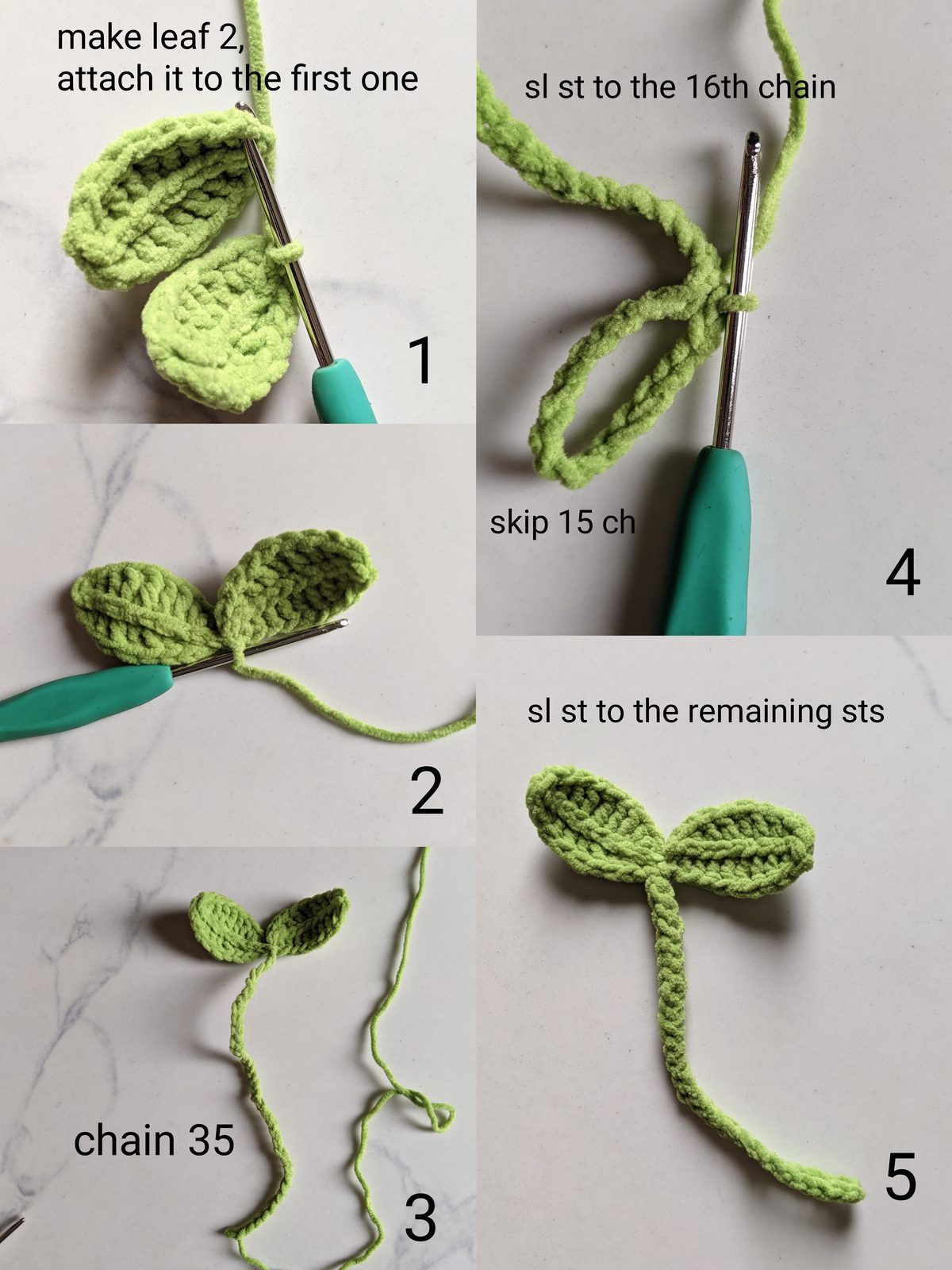Five step photos showing a second crochet leaf joined to the first at the base, a chain of 35 worked from the join, a loop formed at the end of the chain, and the finished sprout with its slip stitch stem