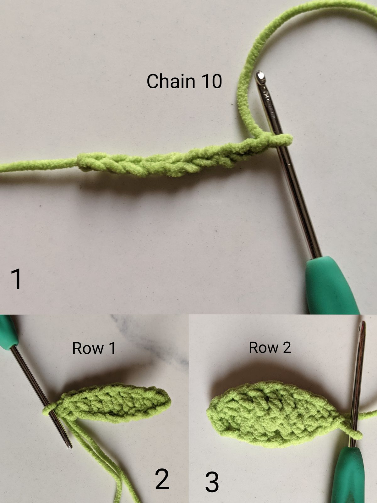 Three step photos of a lime green crochet leaf: a chain of 10 on the hook, the first row worked along one side of the chain, and the finished leaf after row 2