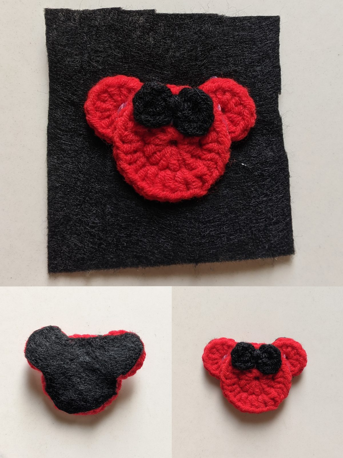 Red crochet mouse head with a black bow glued onto a square of black felt, with the trimmed felt back and the finished front shown below