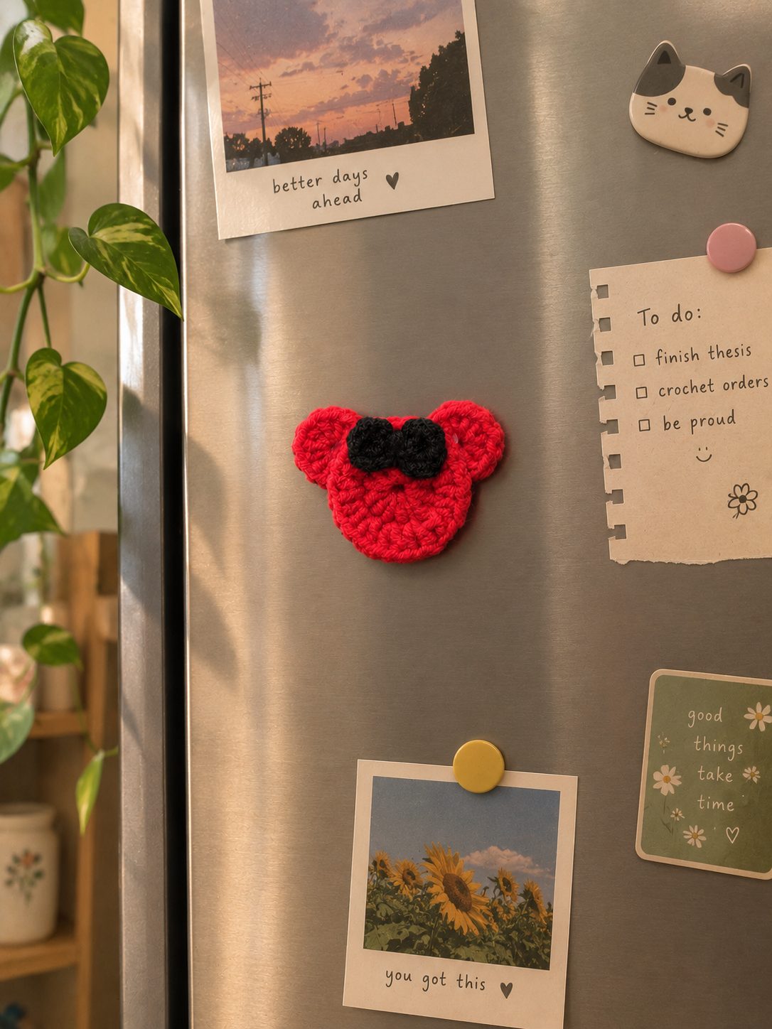 Red crochet mouse fridge magnet with a black bow on a steel fridge beside a plant, a cat magnet and pinned photos