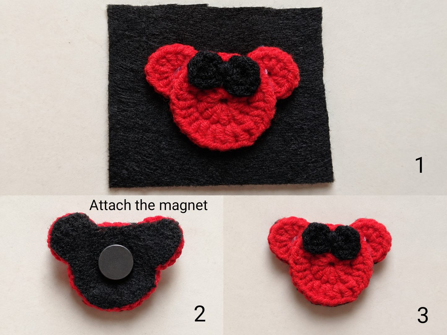 Three-step photo of the crochet mouse fridge magnet: the head glued on black felt, a disc magnet glued to the felt back, and the finished red mouse with a black bow