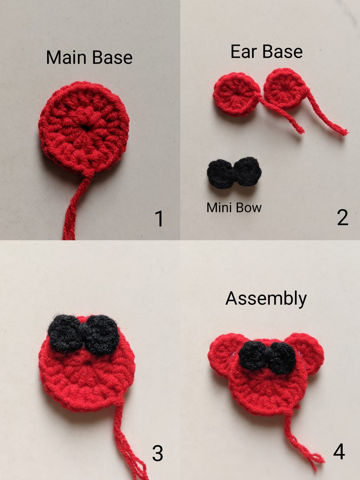 Four-step photo of the crochet mouse pieces: the red round head base, two small red ear circles and a black mini bow, then the bow and ears added to the head
