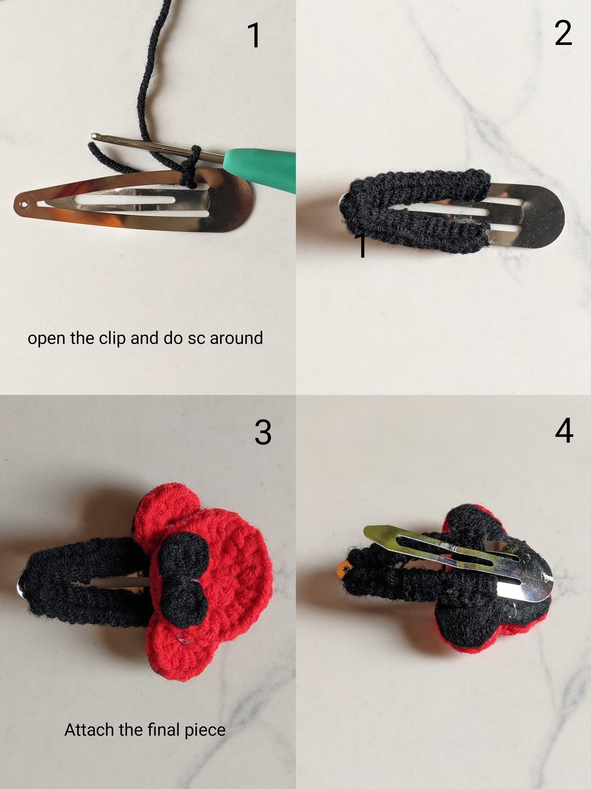 Four-step photo of covering a metal snap clip with black single crochet and gluing the red crochet mouse head onto it