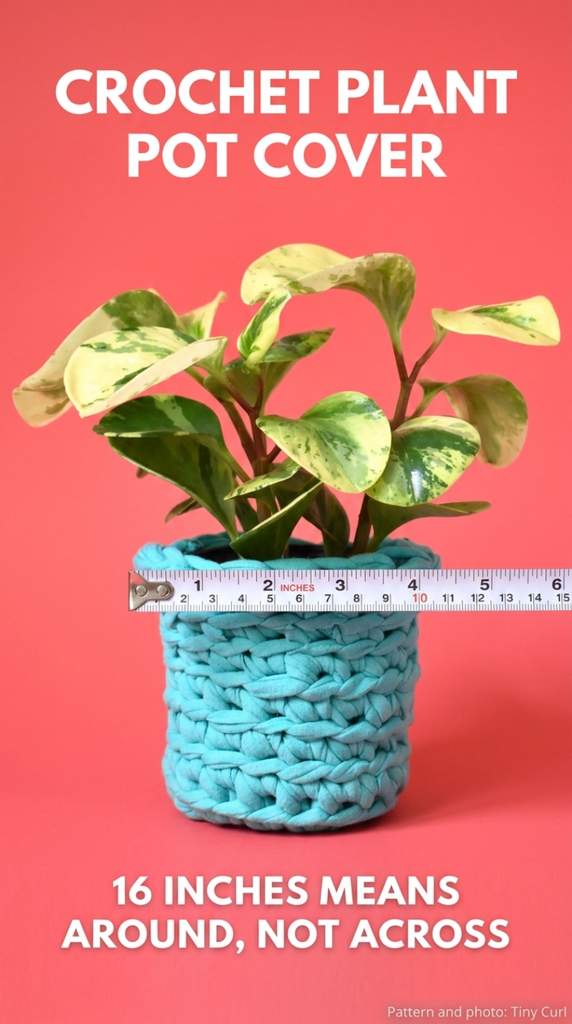 Three crochet plant pot covers in cream and plum moss stitch stripes on pothos, fern and succulent pots