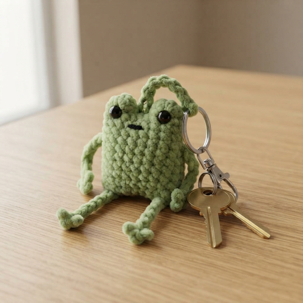 Crochet frog keychain in green plush yarn hanging from a silver split ring with two house keys on an oak table