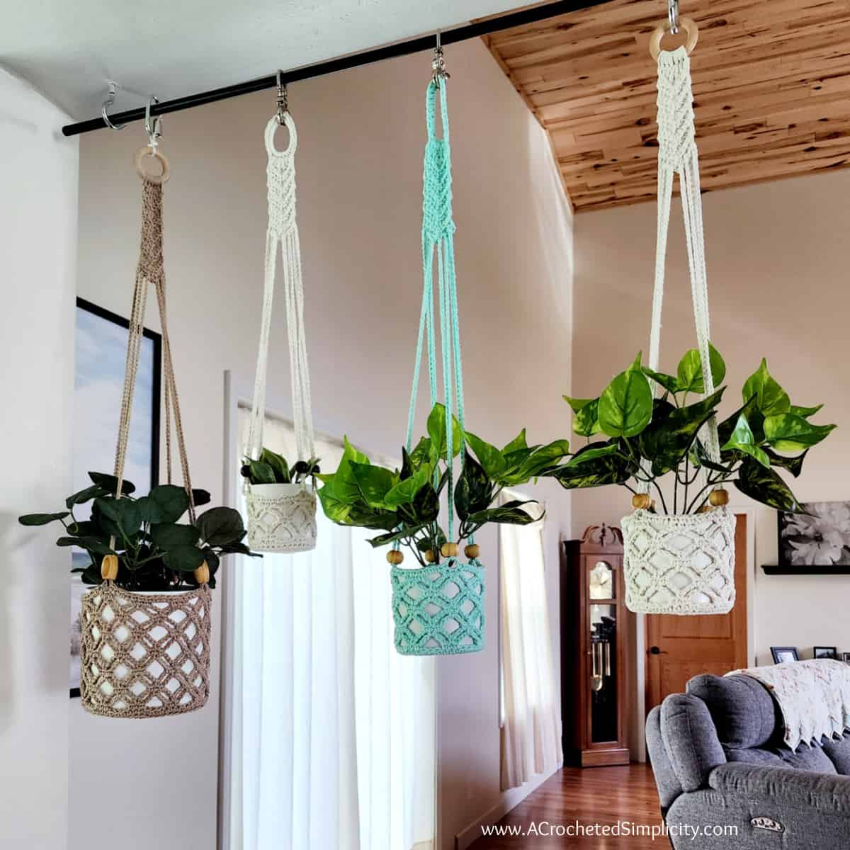 Four crochet plant hangers in three sizes in tan, cream and mint cotton holding pothos plants from a ceiling rail