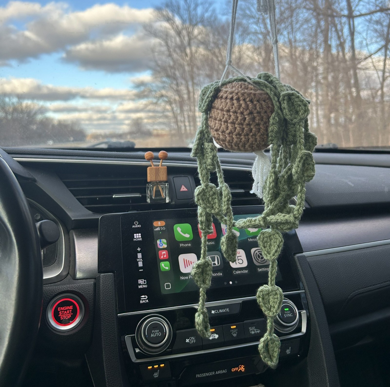 Crocheted string of hearts hanging plant in a brown crocheted pot hanging from a car rearview mirror