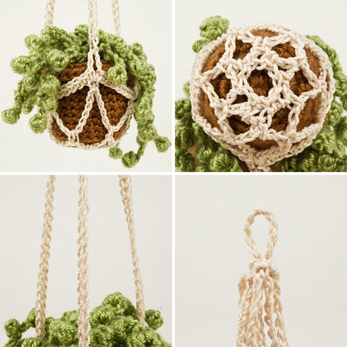 Small crochet plant hanger in cream thread holding a brown crocheted pot with a trailing green string of pearls plant