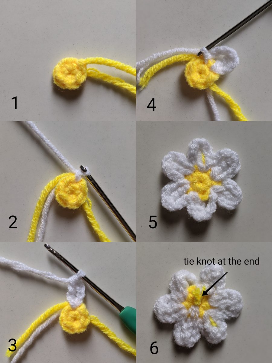 Six-step photo collage of crocheting a daisy: yellow magic ring center, attaching white yarn, working the petals and tying a knot at the back