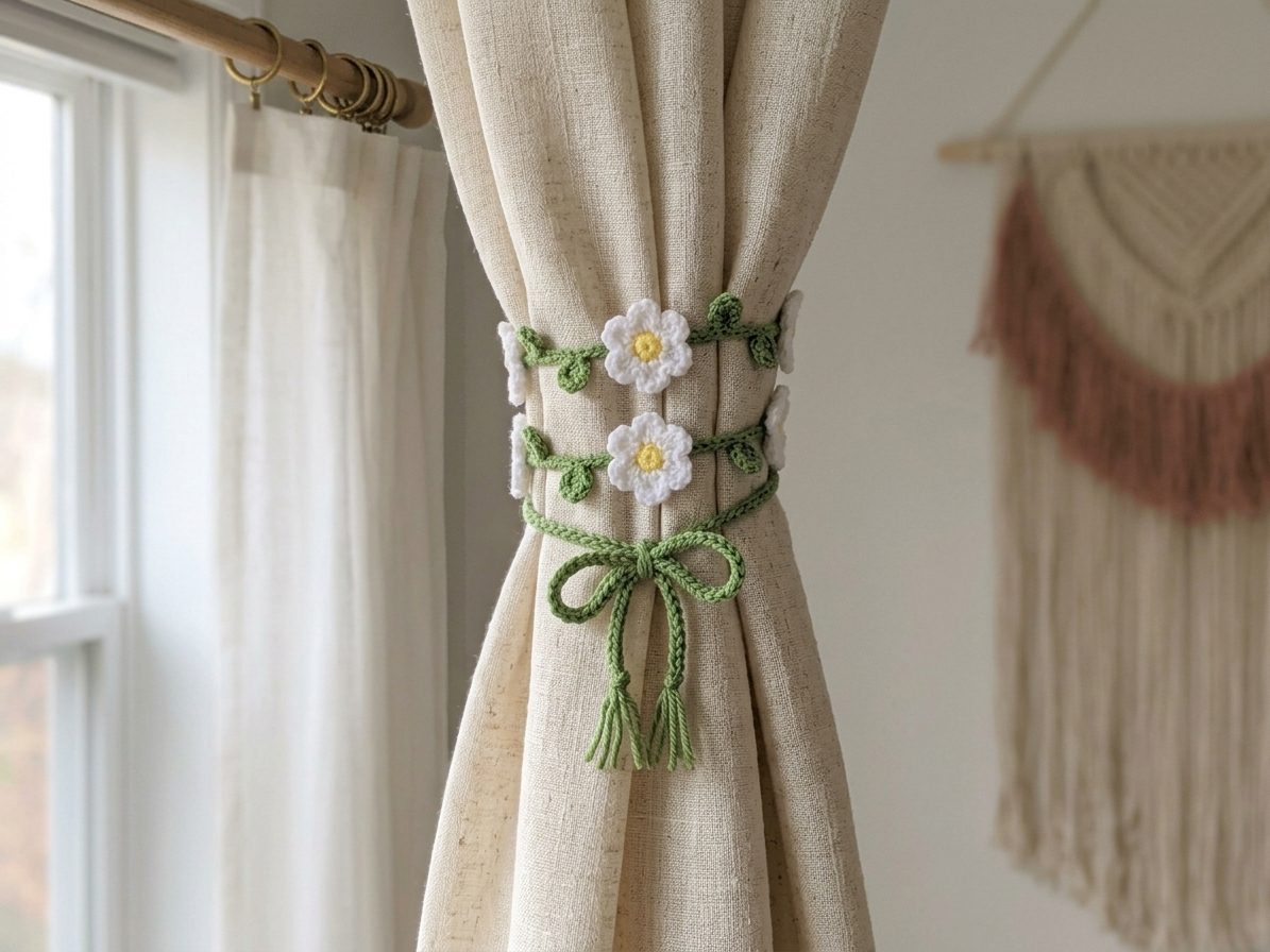 Crochet daisy garland wrapped around a cream linen curtain and tied in a bow with the leafy ends, beside a window