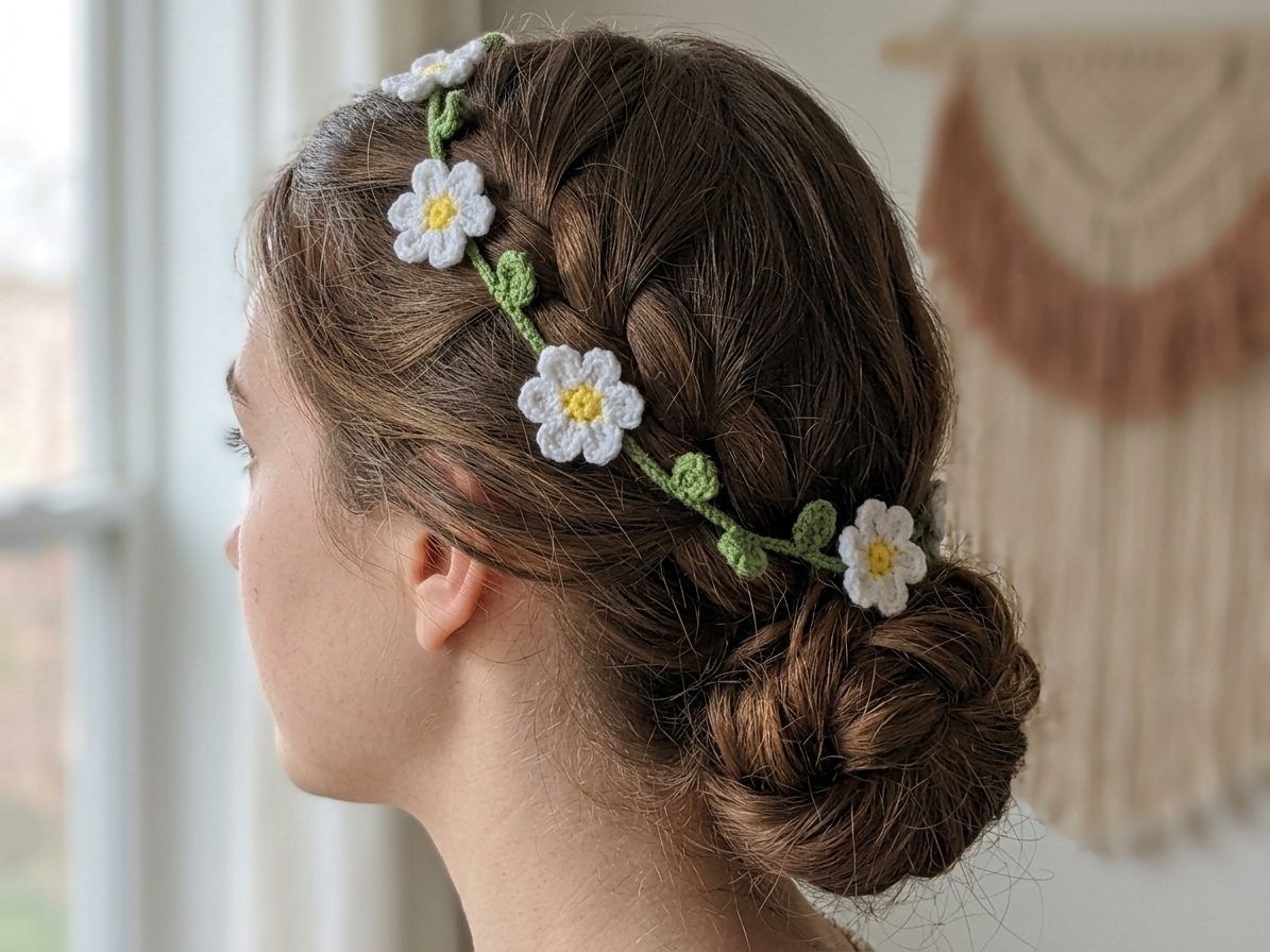 Woman with a braided low bun wearing a crochet daisy hair vine woven along the braid, seen from the side